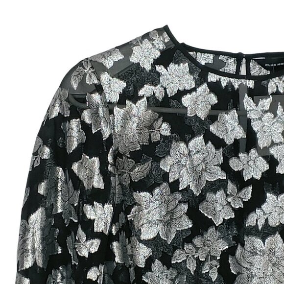 NWT CLUB MONACO Black silk silver floral embroidery sheer blouse - Picture 3 of 16
